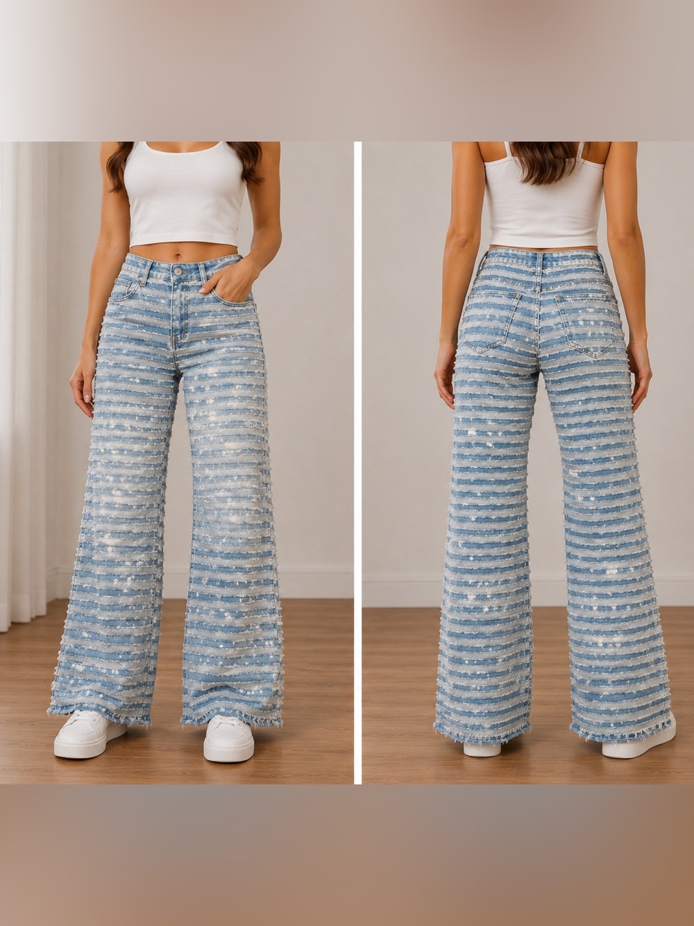 Oh Jeans Distressed Fringe Wide Leg Jeans Medium Wash Women’s Denim